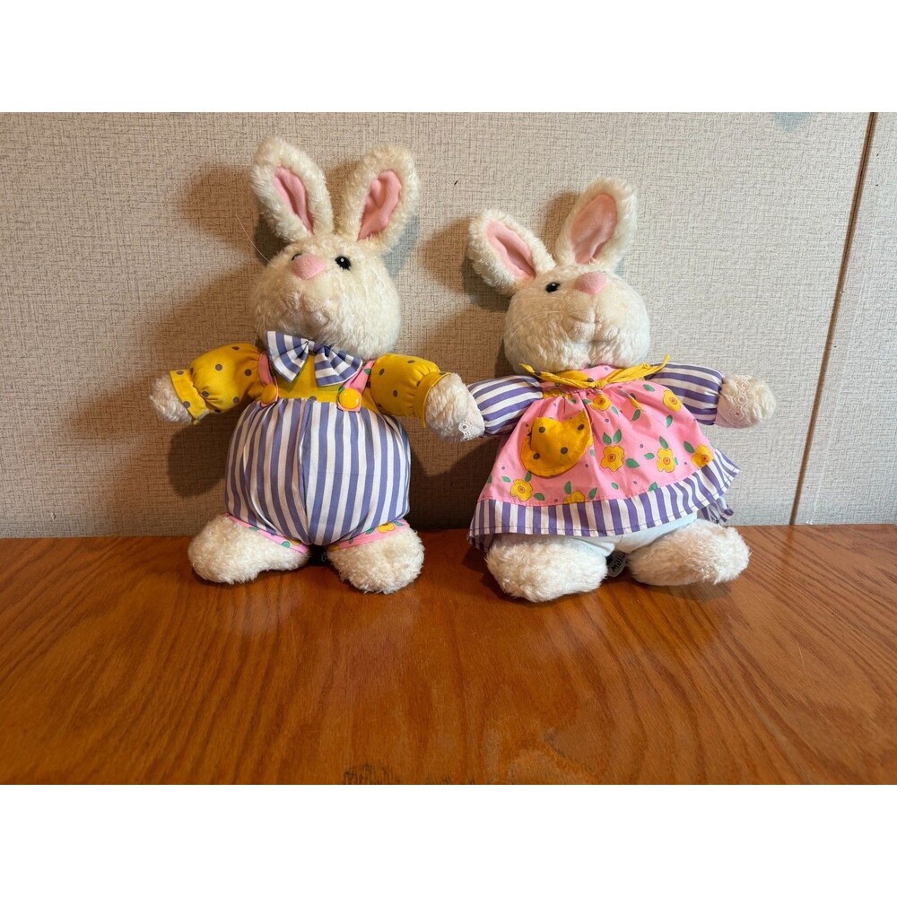 Vintage Easter Bunny Plush Pair Pair Boy Girl Matching Outfits Stuffed Animal 11